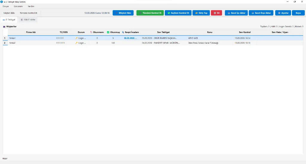 E-Tebligat ana ekranı — mükellef listesi